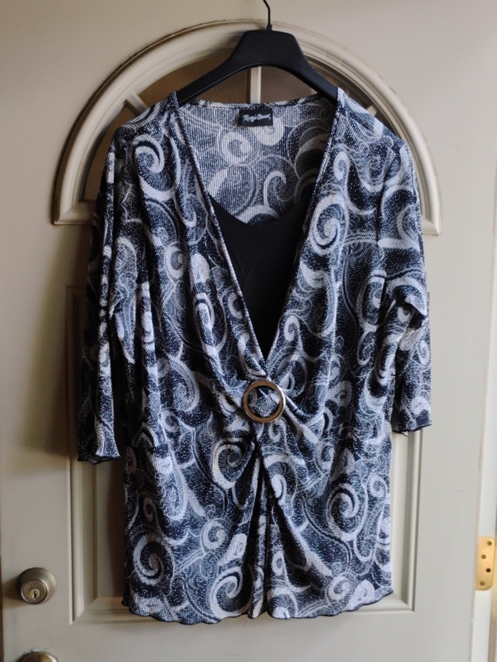 Maggie Barnes Black & White Swirl Front-Ring Draped Blouse
